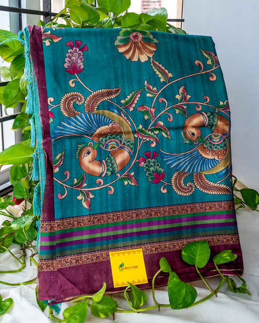 Peacock Blue Kalamkari Mashru Silk Saree.