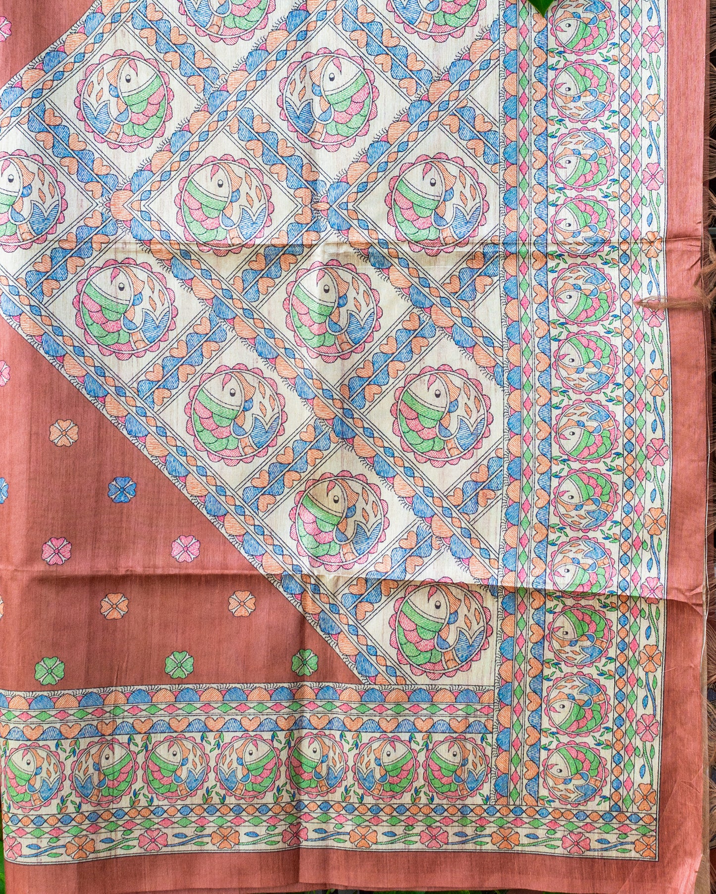 Brown Madhubani Printed Semi Tussar Saree.