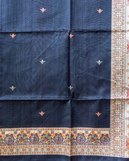 Black Madhubani Printed Semi Tussar Saree.