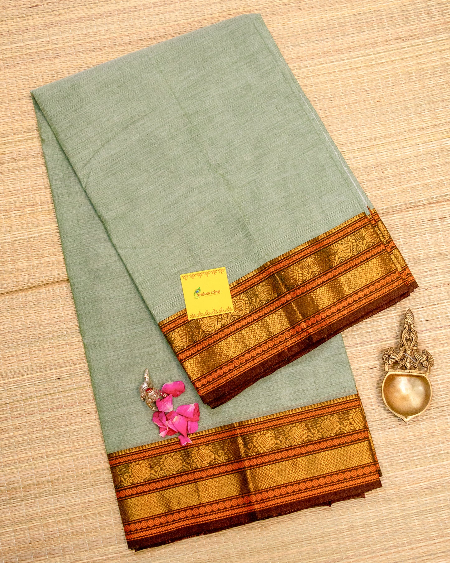 Pale Grey with Brown Border Chettinadu Cotton Saree