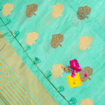 Pale Turquoise Semi Raw Silk Saree with Copper & Gold Zari Tree Motifs