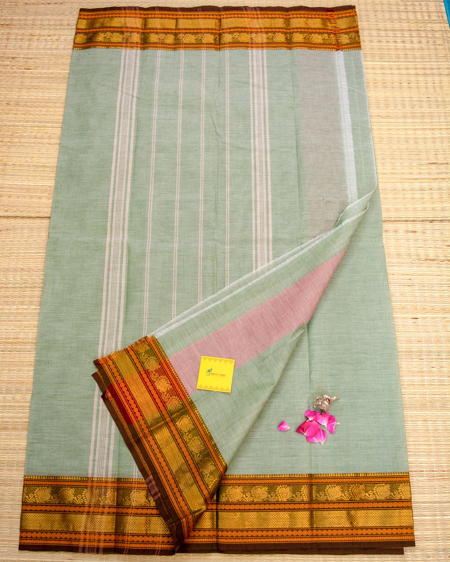 Pale Grey with Brown Border Chettinadu Cotton Saree