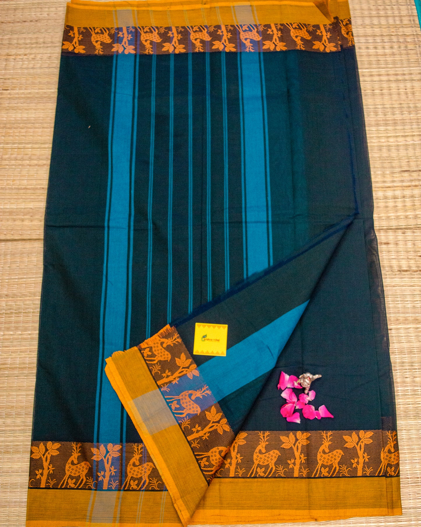 Deep Peacock Blue & Mustard Yellow Handloom Chettinadu Cotton Saree