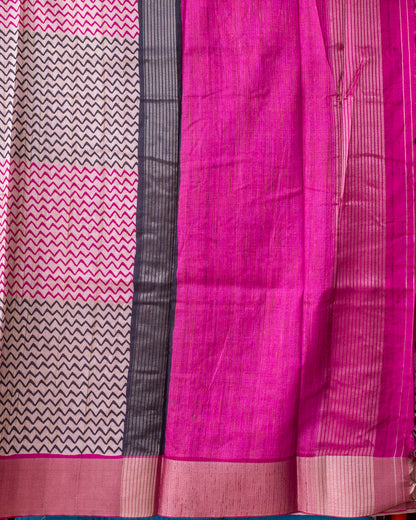 Pink & Black Zig Zag Pattern Semi Tussar Saree.