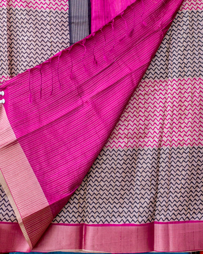 Pink & Black Zig Zag Pattern Semi Tussar Saree.