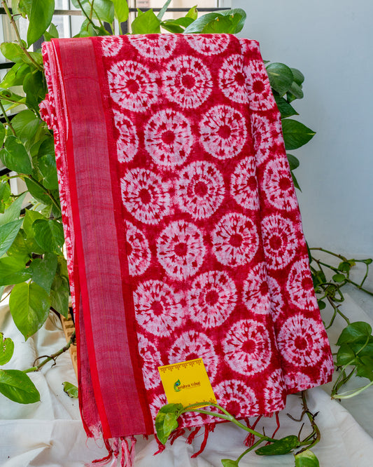 Red Bandhej Linen Khadi Saree.