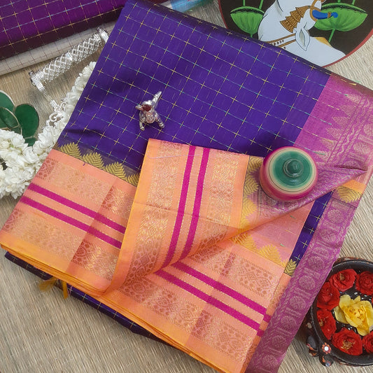 Deep Violet & Peachy Orange  Plus Design Handloom Korvai Silk Cotton Saree