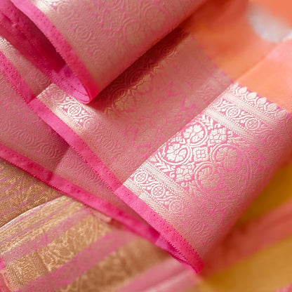 Peach & Pink Semi Banarasi Saree with Gold & Silver Zari Motifs.