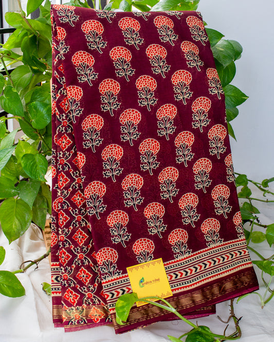 Maroon Ajrak Hand Block Printed Chanderi Cotton Saree