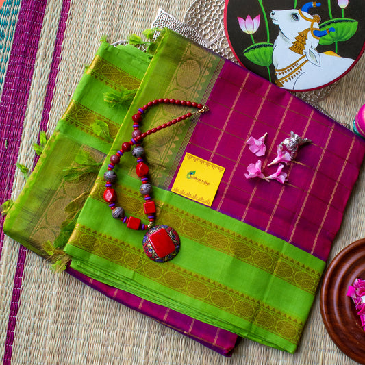 Wine red & Parrot Green Handloom Korvai Silk Cotton Saree