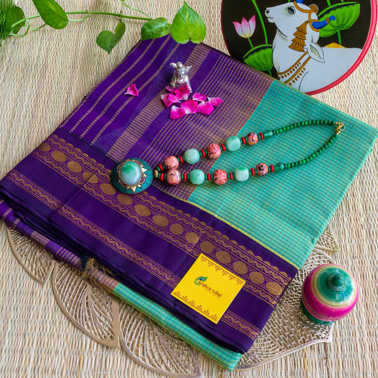 Pista Green & Violet Kanchi Border Handloom Silk Cotton Saree