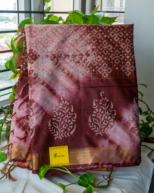 Brown & White Hand Batik Block Printed Mangalgiri Silk Cotton Saree.