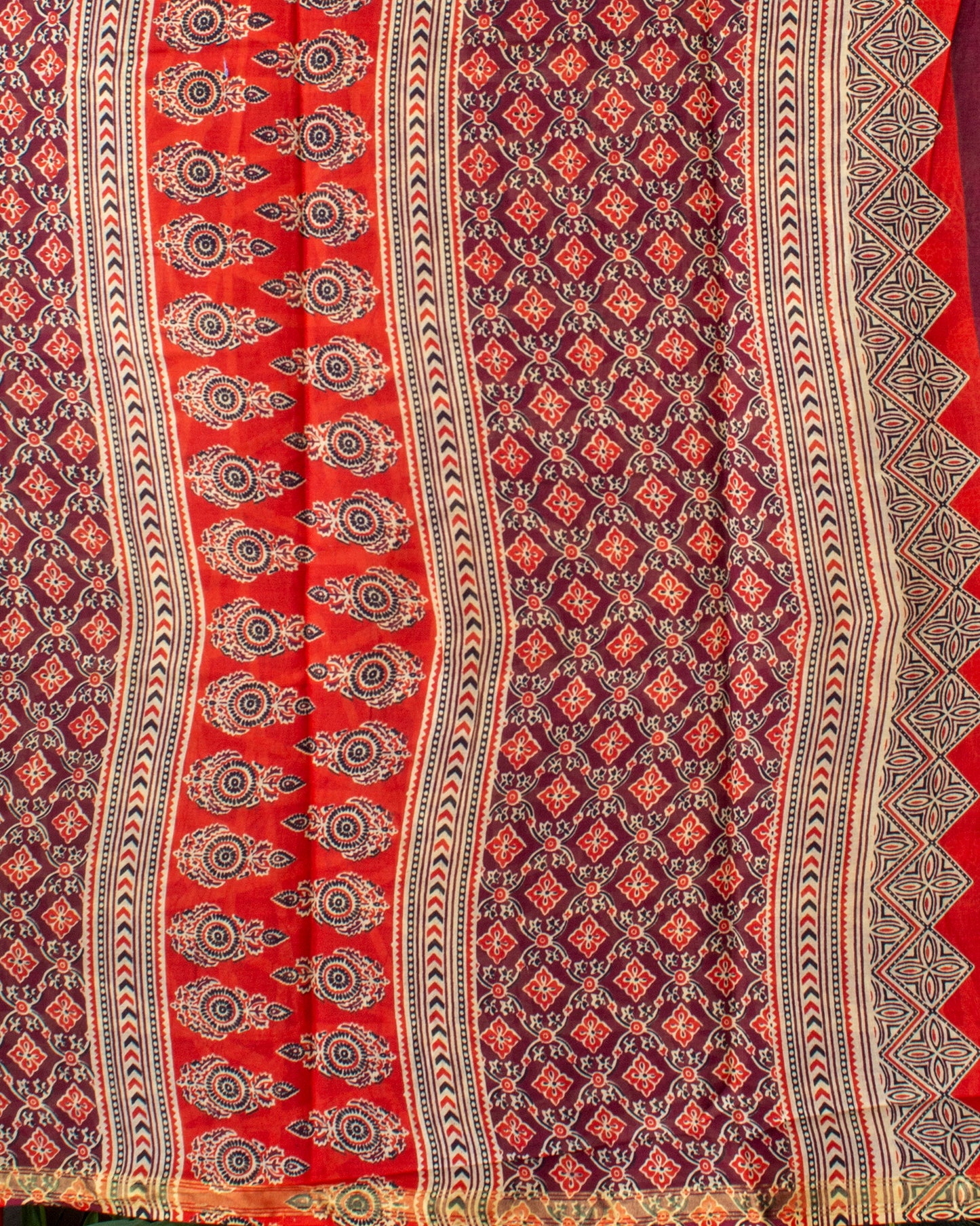 Maroon Ajrak Hand Block Printed Chanderi Cotton Saree