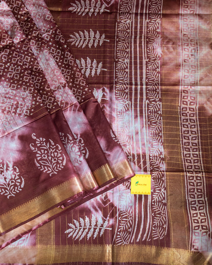 Brown & White Hand Batik Block Printed Mangalgiri Silk Cotton Saree.