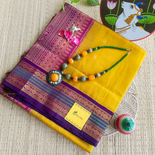 Mustard Yellow & Purple Rudraksham Border Handloom Korvai Silk Cotton Saree