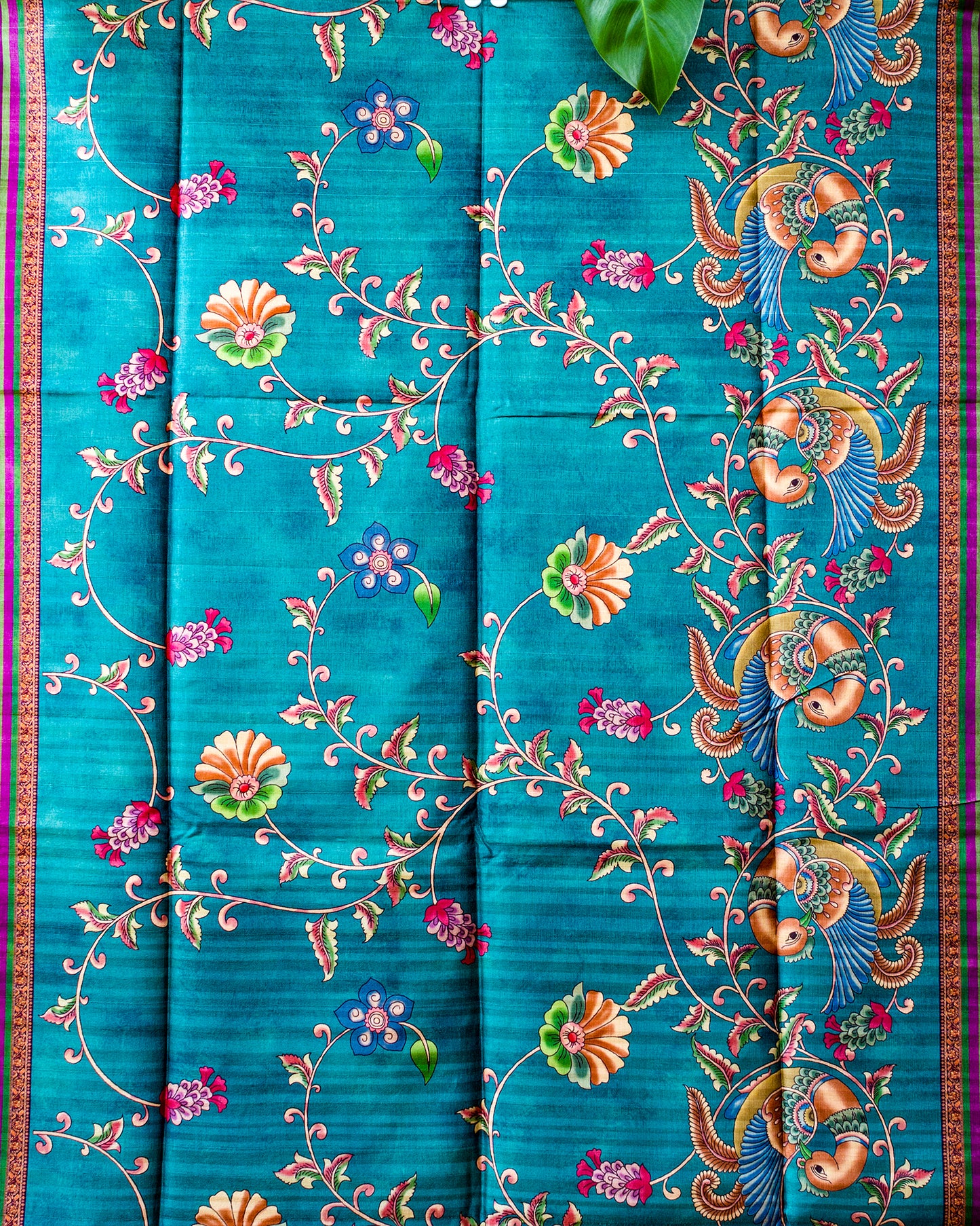 Peacock Blue Kalamkari Mashru Silk Saree.