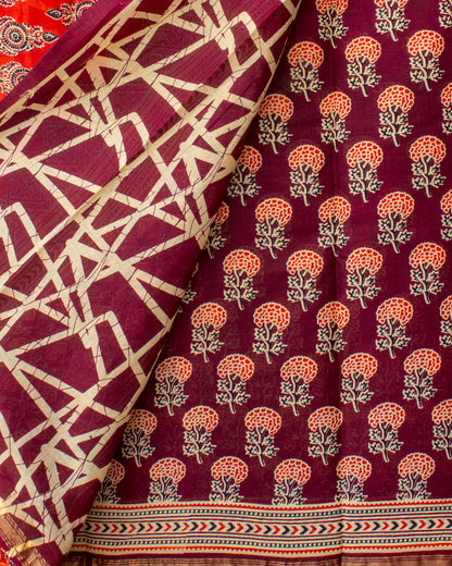 Maroon Ajrak Hand Block Printed Chanderi Cotton Saree