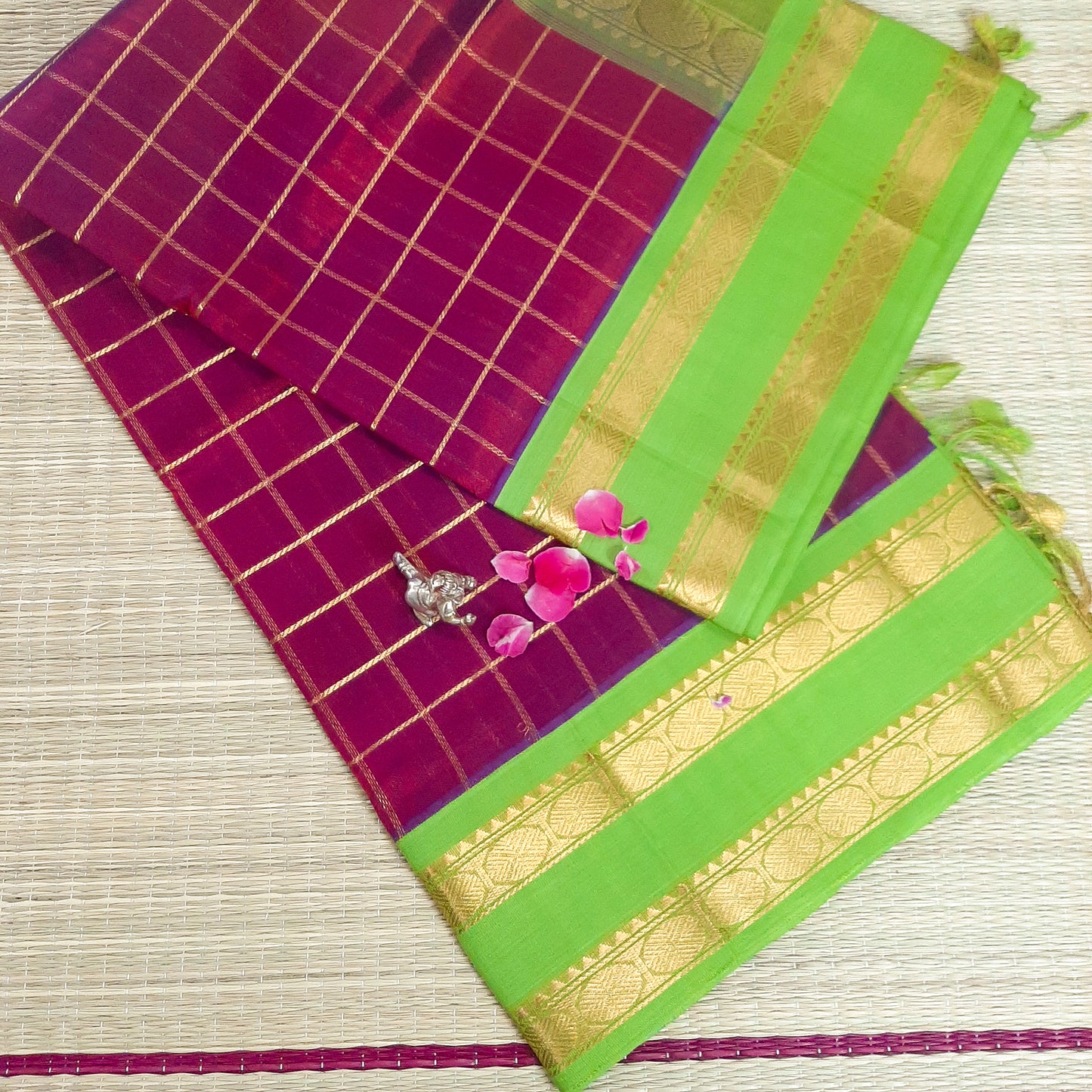 Wine red & Parrot Green Handloom Korvai Silk Cotton Saree