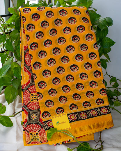 Yellow Ajrak Print Hand Block Printed Chanderi Cotton Saree