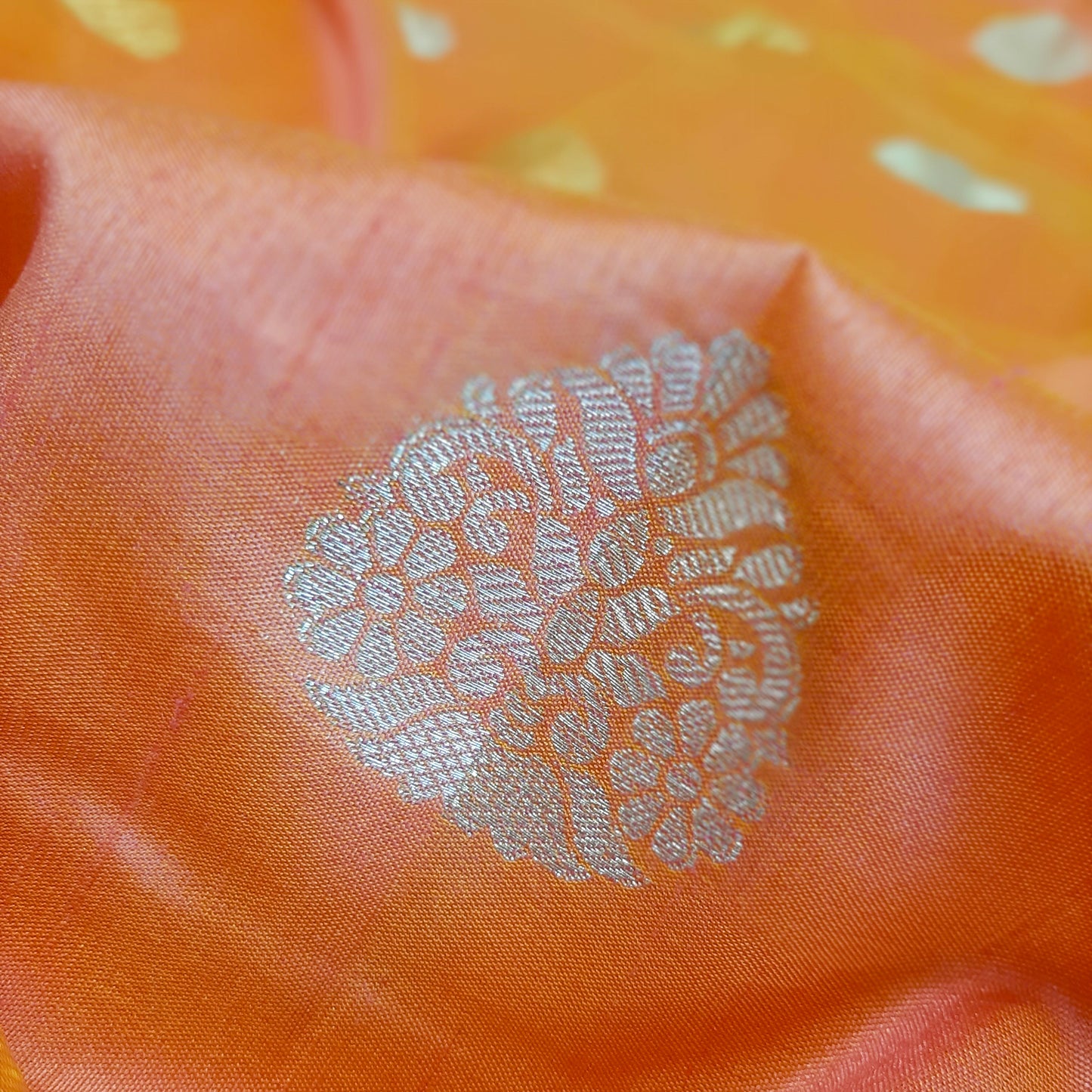 Peach & Pink Semi Banarasi Saree with Gold & Silver Zari Motifs.