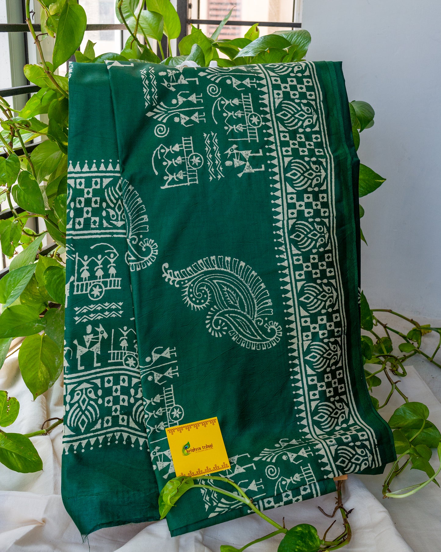 Green Hand Block Printed Semi Katan Silk Saree.