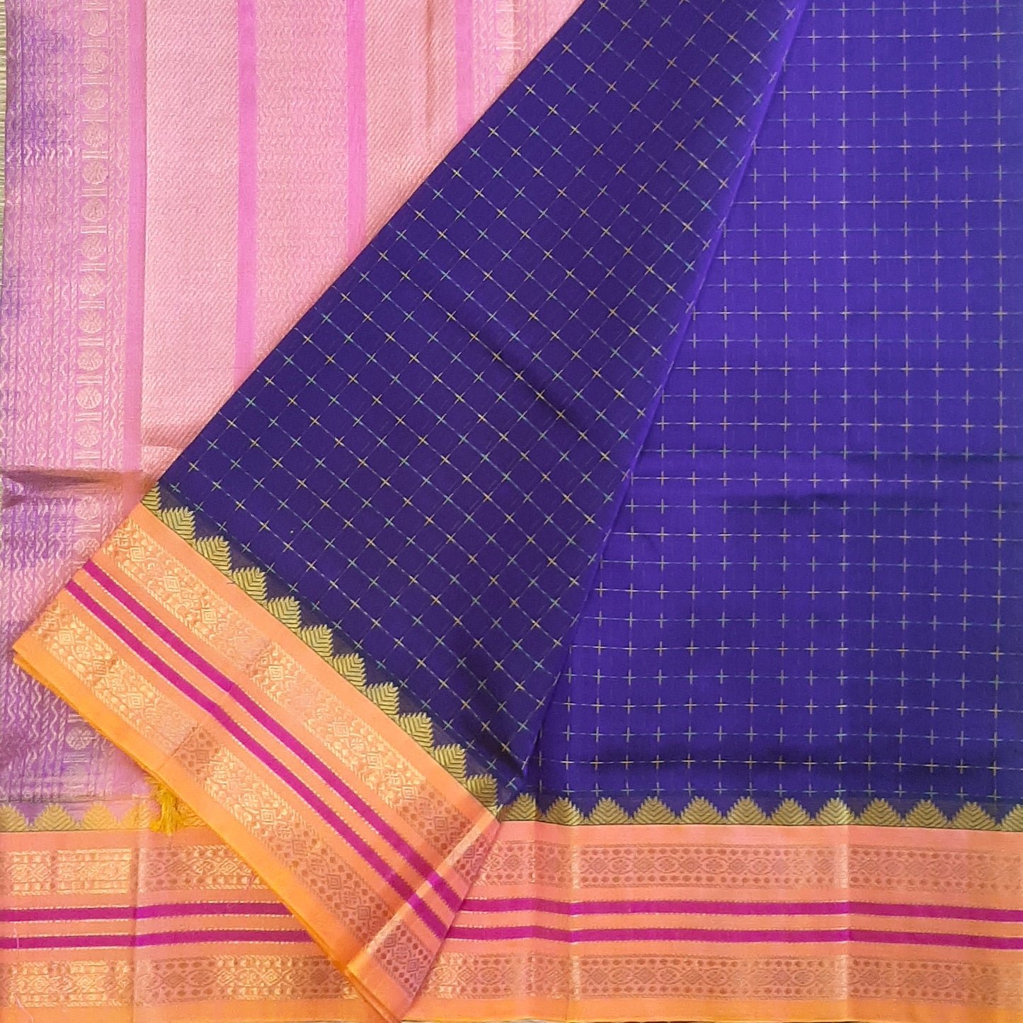 Deep Violet & Peachy Orange  Plus Design Handloom Korvai Silk Cotton Saree