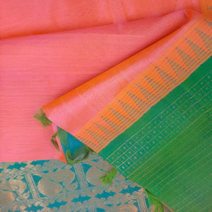 Pinkish Orange & Green Lakshadweep Border Handloom Korvai Silk Cotton