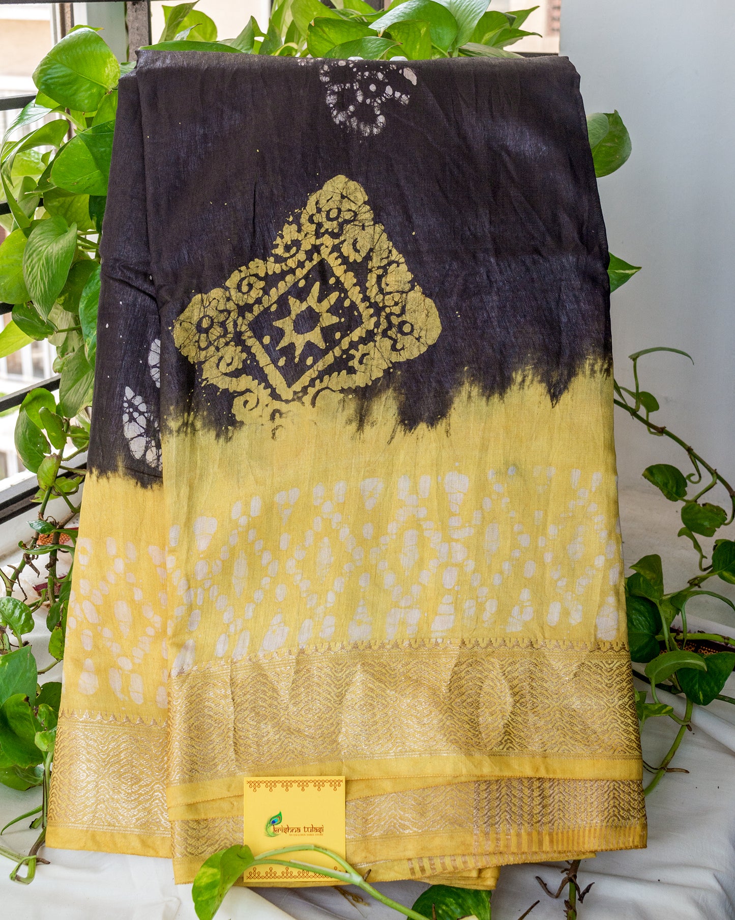 Black & Yellow Hand Batik Maheshwari Silk Saree