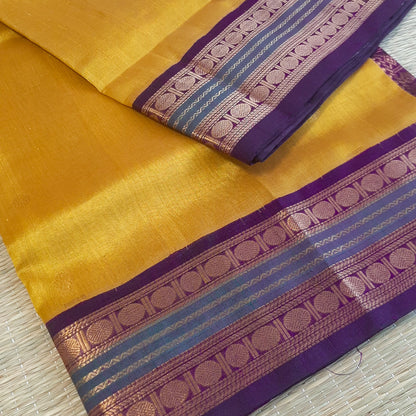 Mustard Yellow & Purple Rudraksham Border Handloom Korvai Silk Cotton Saree