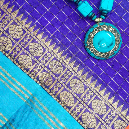 Ink Blue & Copper blue  Zari Checks Handloom Korvai Silk Cotton Saree