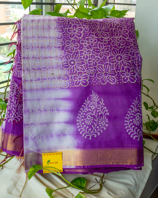 Violet & White Hand Batik Block Printed Mangalgiri Silk cotton Saree.