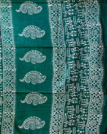 Green Hand Block Printed Semi Katan Silk Saree.