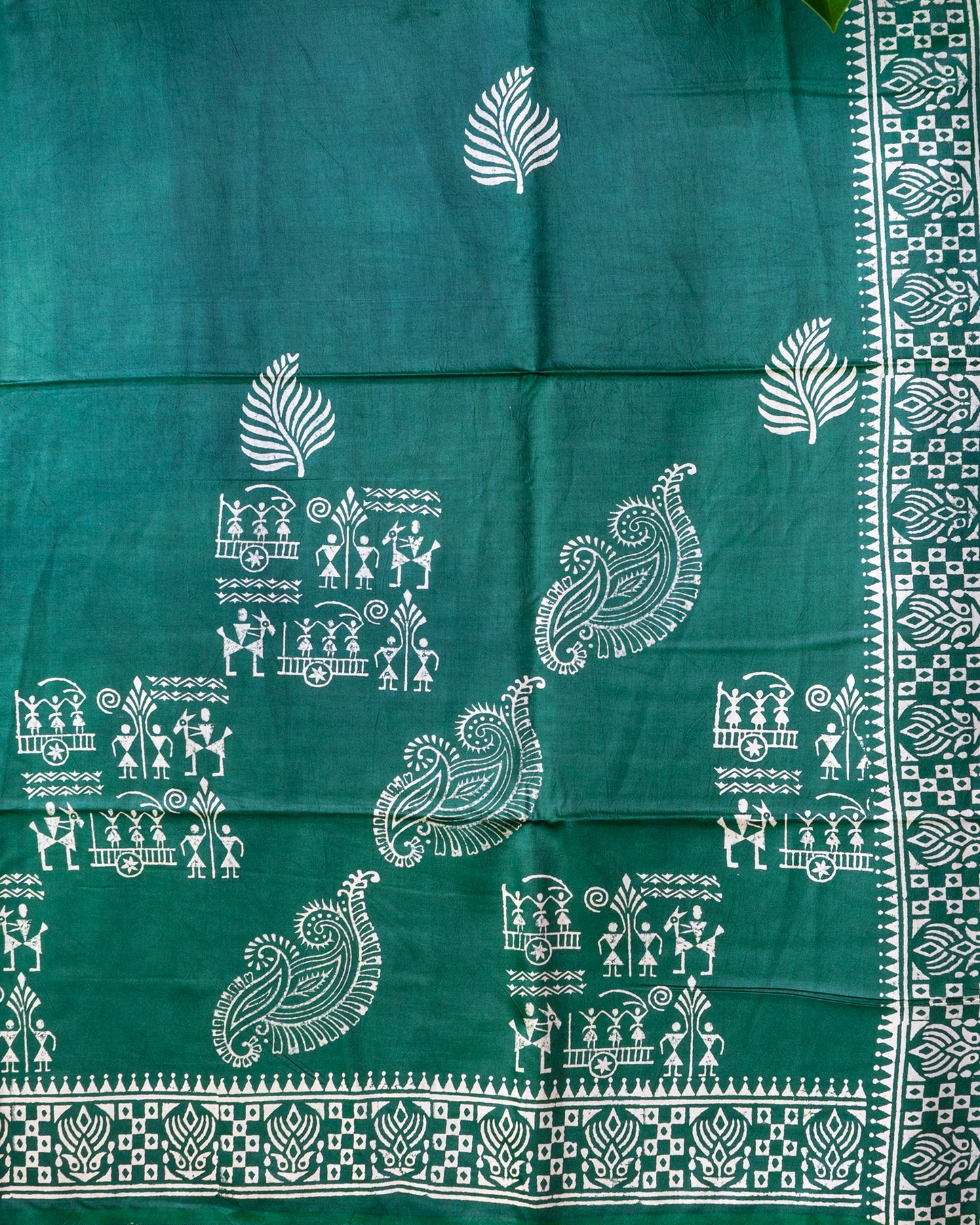 Green Hand Block Printed Semi Katan Silk Saree.