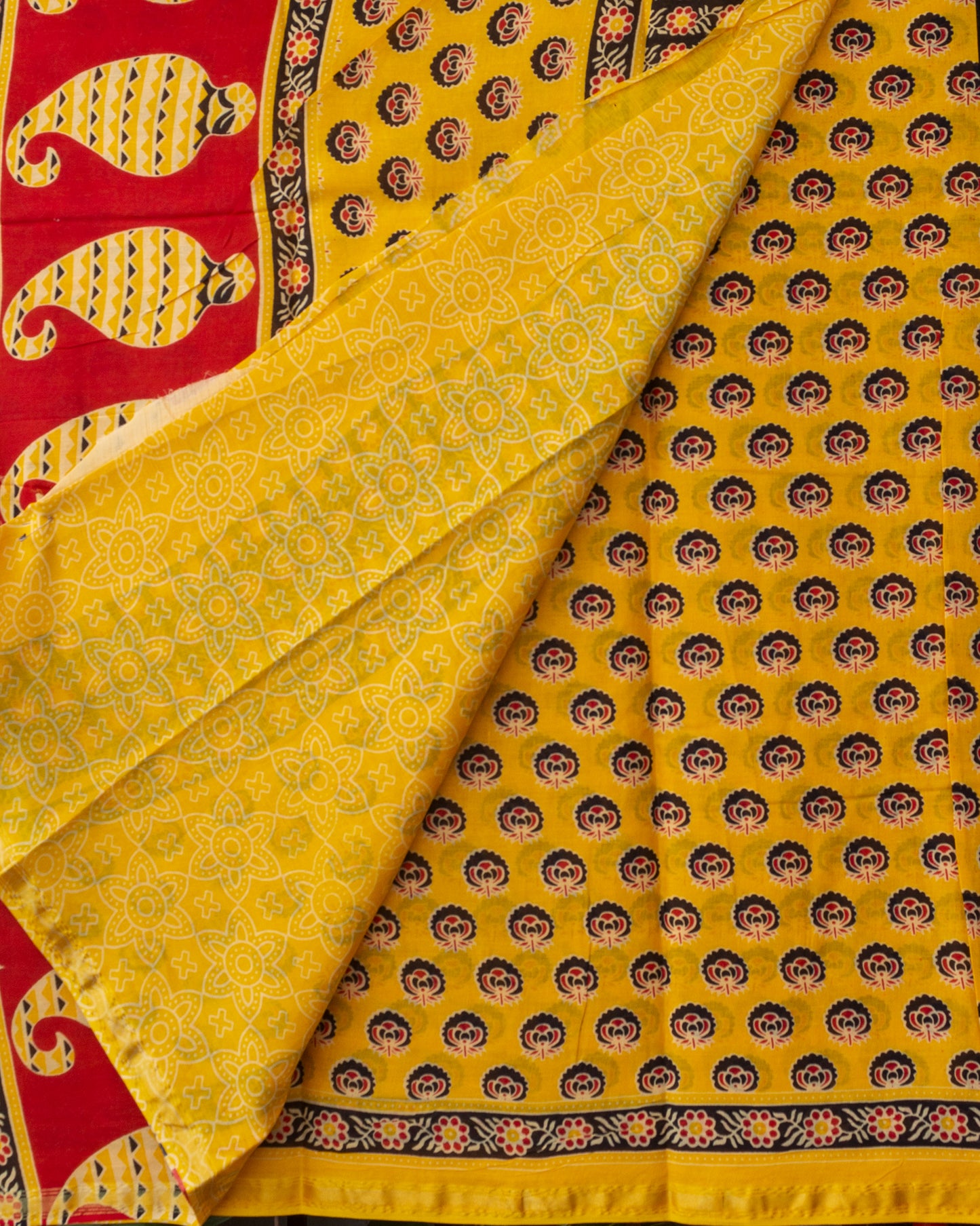 Yellow Ajrak Print Hand Block Printed Chanderi Cotton Saree