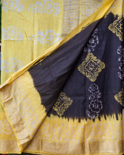 Black & Yellow Hand Batik Maheshwari Silk Saree