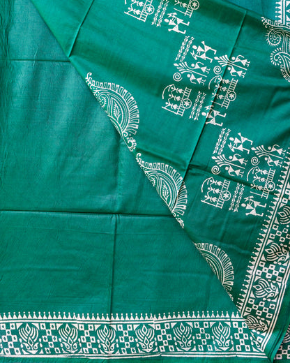 Green Hand Block Printed Semi Katan Silk Saree.