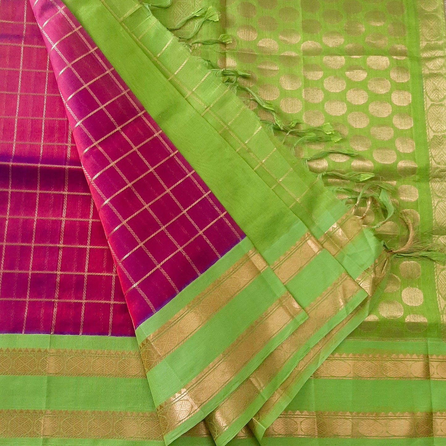 Wine red & Parrot Green Handloom Korvai Silk Cotton Saree