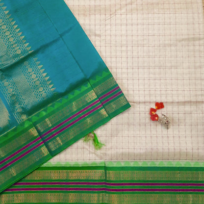 Off White & Blue Green Plus Design Handloom Korvai Silk Cotton Saree