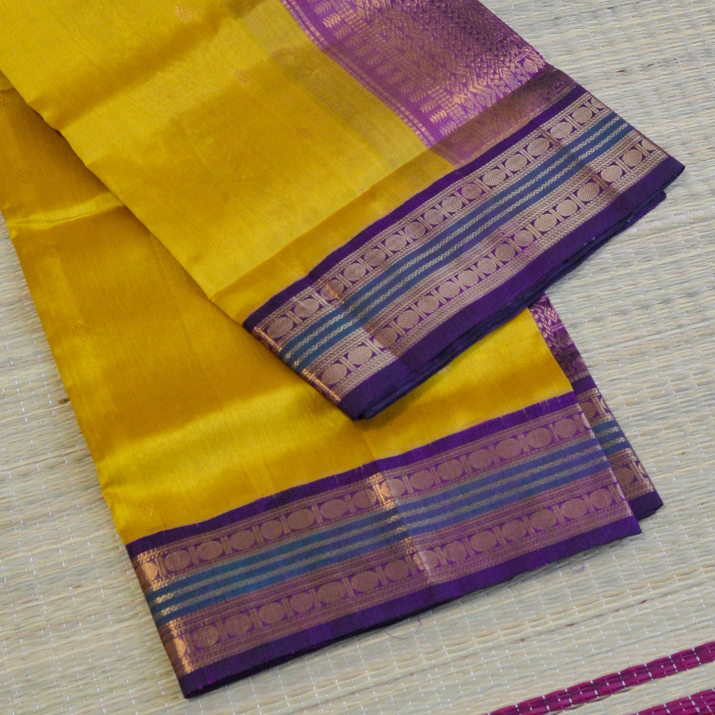 Mustard Yellow & Purple Rudraksham Border Handloom Korvai Silk Cotton Saree