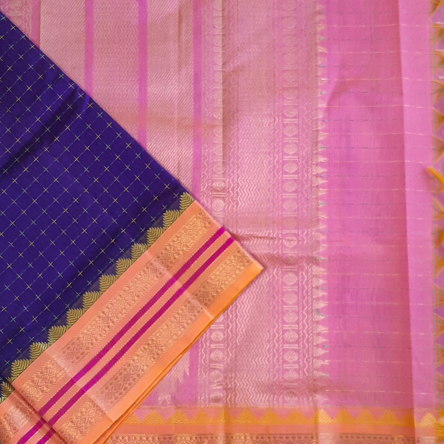 Deep Violet & Peachy Orange  Plus Design Handloom Korvai Silk Cotton Saree