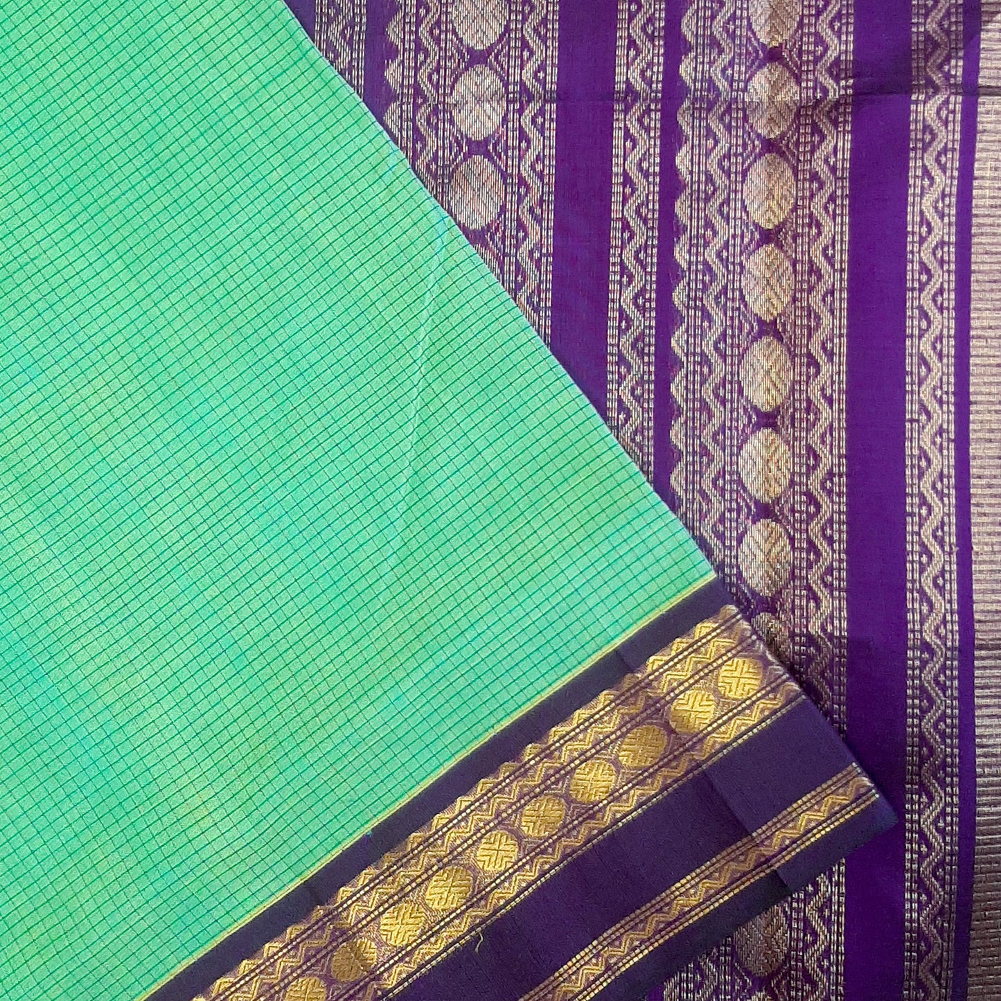 Pista Green & Violet Kanchi Border Handloom Silk Cotton Saree