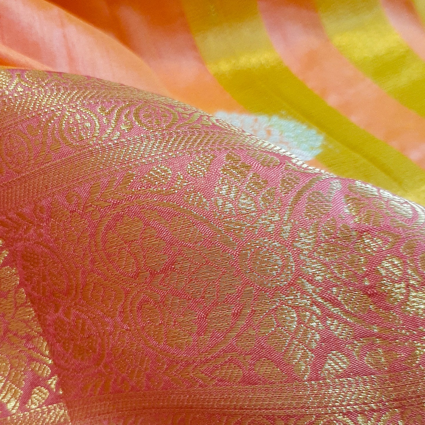 Peach & Pink Semi Banarasi Saree with Gold & Silver Zari Motifs.