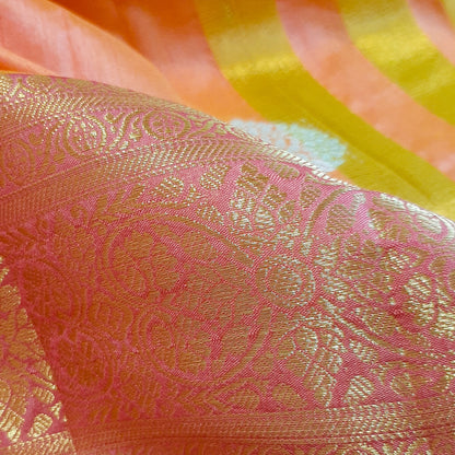 Peach & Pink Semi Banarasi Saree with Gold & Silver Zari Motifs.