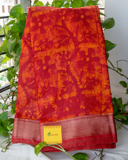 Gul mohar Hand Batik Maheshwari Silk Saree