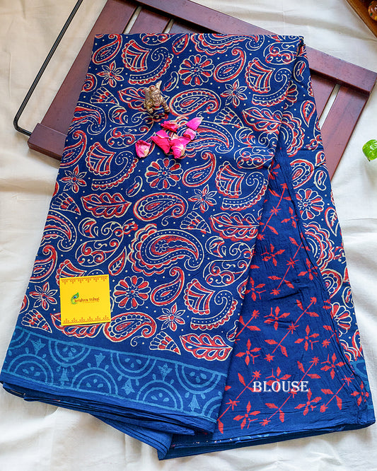 Indigo with Red Hand Block Printed Mango Designs Mul Cotton Saree.