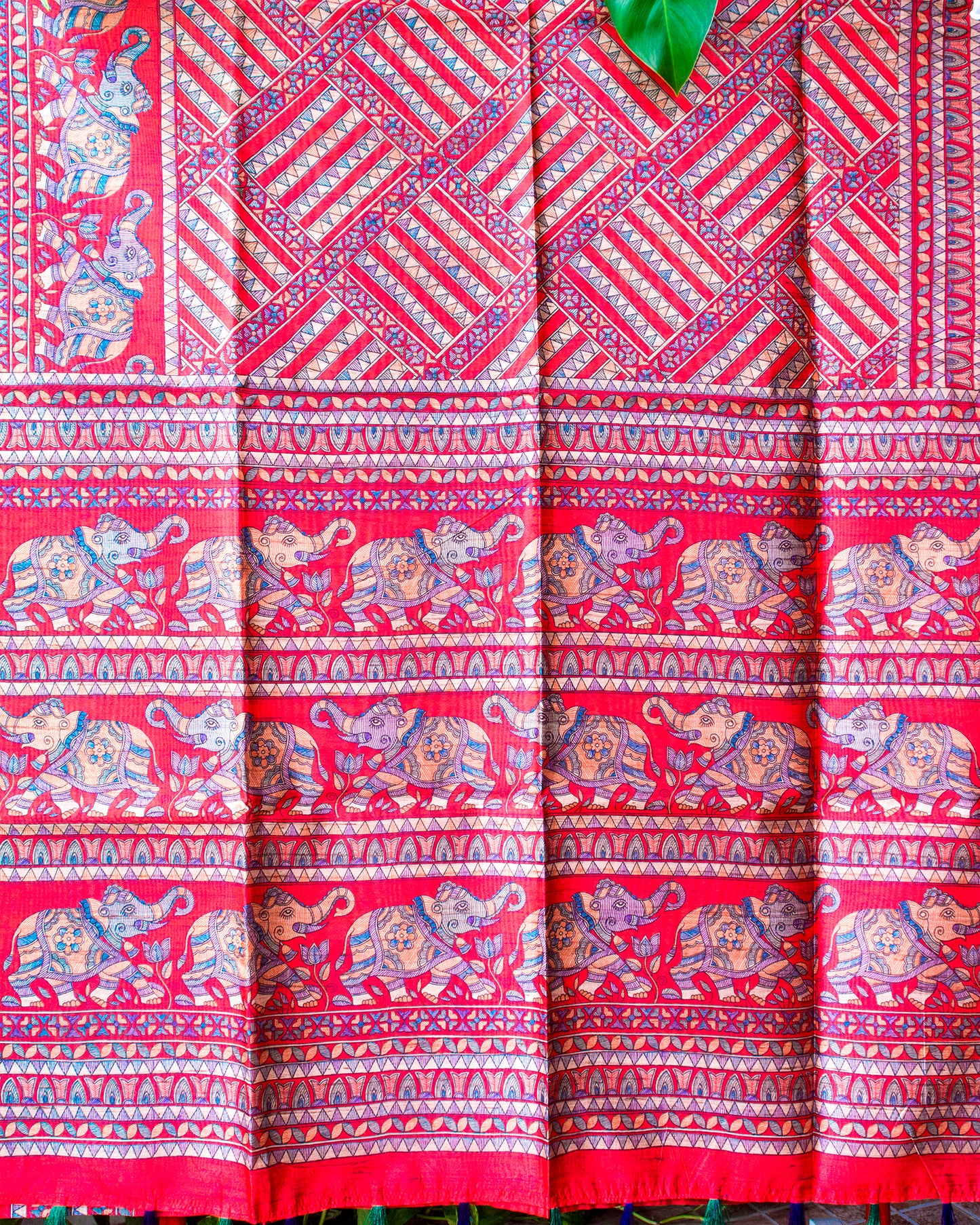 Red Madhubani Printed Semi Tussar Saree.