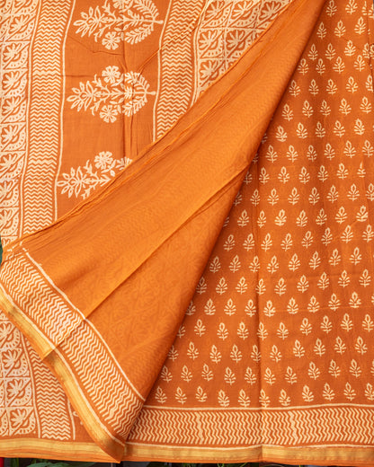 Dabu Hand Block Print Mustard Yellow Chanderi Cotton Saree