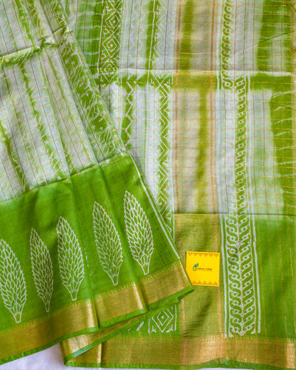 Green& White Hand Batik Block Printed Mangalgiri Silk Cotton Saree.