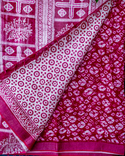 Deep Majenta  Bandhej Linen Khadi Saree.