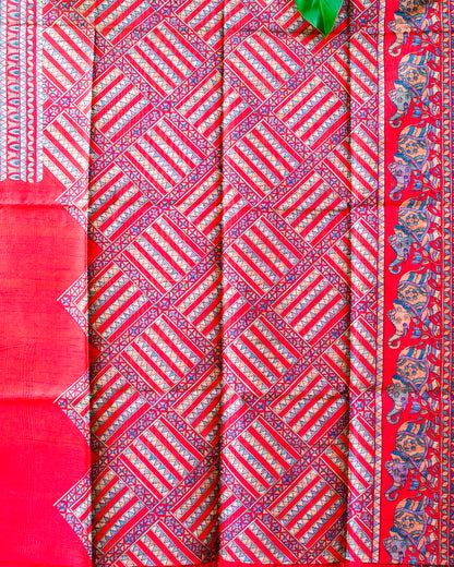 Red Madhubani Printed Semi Tussar Saree.